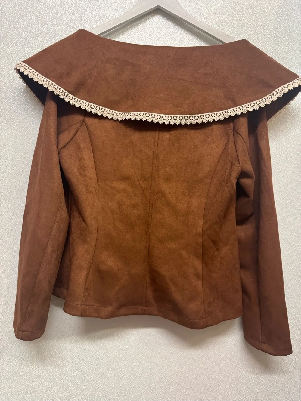 alice blue Brown Faux Suede Button Front Coat with Lace Collar Sz XL (D-94) - Picture 2 of 4